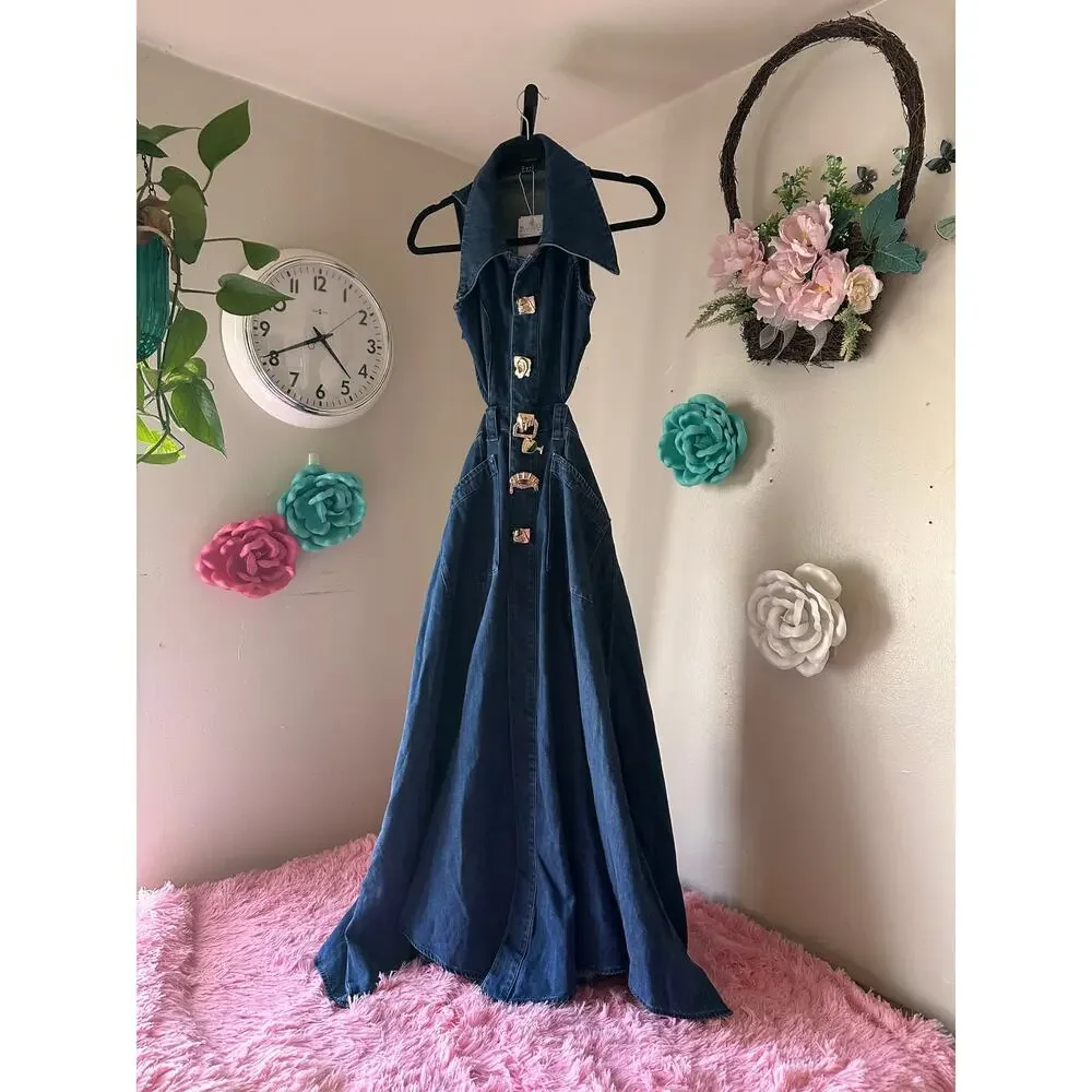 Dark Blue Denim Midi Dress with Statement Collar - Picture 1 of 5